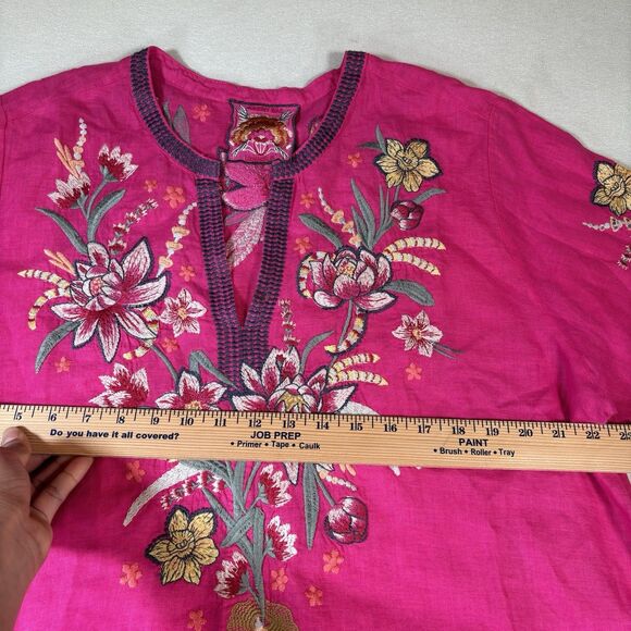 JOHNNY WAS Jessica Easy V Neck Top Pink Embroidered Size XL Short Sleeve Linen - Picture 11 of 12